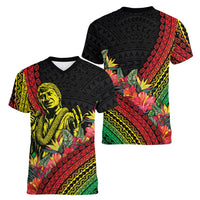 Retro Hawaiian Singer Women V-Neck T-Shirt Polynesian Style Tropical Flowers LT05 - Polynesian Pride
