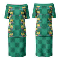 Hawaii Waikiki King Couples Matching Puletasi and Long Sleeve Button Shirt Green Quilt With Pua Manu LT05 - Polynesian Pride