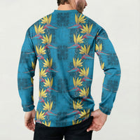 Hawaii Waikiki King Button Sweatshirt Blue Quilt With Pua Manu LT05 - Polynesian Pride