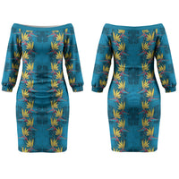 Hawaii Waikiki King Couples Matching Off The Shoulder Long Sleeve Dress and Long Sleeve Button Shirt Blue Quilt With Pua Manu LT05 - Polynesian Pride