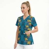 Hawaii Waikiki King Scrub Top Blue Quilt With Pua Manu LT05 - Polynesian Pride