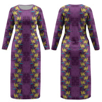 Hawaii Waikiki King Couples Matching Long Sleeve Bodycon Dress and Long Sleeve Button Shirt Purple Quilt With Pua Manu LT05 - Polynesian Pride