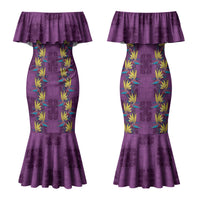 Hawaii Waikiki King Couples Matching Mermaid Dress and Long Sleeve Button Shirt Purple Quilt With Pua Manu LT05 - Polynesian Pride
