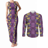 Hawaii Waikiki King Couples Matching Tank Maxi Dress and Long Sleeve Button Shirt Purple Quilt With Pua Manu LT05 Purple - Polynesian Pride