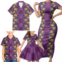 Hawaii Waikiki King Family Matching Short Sleeve Bodycon Dress and Hawaiian Shirt Purple Quilt With Pua Manu LT05 - Polynesian Pride