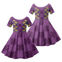 Hawaii Waikiki King Family Matching Short Sleeve Bodycon Dress and Hawaiian Shirt Purple Quilt With Pua Manu LT05 Daughter's Dress Purple - Polynesian Pride