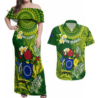 Personalized Cook Islands Couples Matching Off Shoulder Maxi Dress and Hawaiian Shirt Coat Of Arms Plumeria Polynesian Turtle LT05 Green - Polynesian Pride