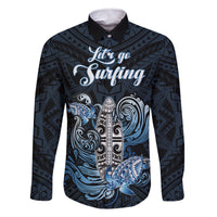 Personalised Polynesia Go Surfing Family Matching Off Shoulder Short Dress and Hawaiian Shirt The Pacific Wave Of Water LT05 Dad's Shirt - Long Sleeve Blue - Polynesian Pride