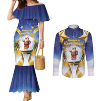 Samoa Christmas Couples Matching Mermaid Dress and Long Sleeve Button Shirt Snow Globe With Samoan Santa LT05 Navy - Polynesian Pride