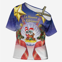 American Samoa Christmas Cross Shoulder Shirt Seashell Santa Beach Vibes LT05 Female Navy - Polynesian Pride