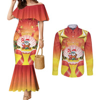 French Polynesia Christmas Couples Matching Mermaid Dress and Long Sleeve Button Shirt Seashell Santa Beach Vibes LT05 Orange - Polynesian Pride