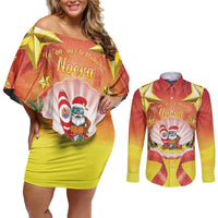 French Polynesia Christmas Couples Matching Off Shoulder Short Dress and Long Sleeve Button Shirt Seashell Santa Beach Vibes LT05 Orange - Polynesian Pride