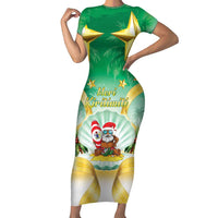 Cook Islands Christmas Short Sleeve Bodycon Dress Seashell Santa Beach Vibes - Polynesian Pride