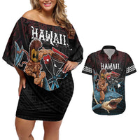 Hawaii Ikaika Couples Matching Off Shoulder Short Dress and Hawaiian Shirt Hawaiian Mythic Koa Tribal Warrior