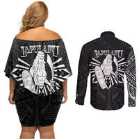 Philippines Tribal Couples Matching Off Shoulder Short Dress and Long Sleeve Button Shirt King Lapu Lapu Black Version
