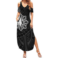 Philippines Tribal Family Matching Summer Maxi Dress and Hawaiian Shirt King Lapu Lapu Black Version