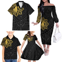 Philippines Tribal Family Matching Off The Shoulder Long Sleeve Dress and Hawaiian Shirt King Lapu Lapu Gold Version