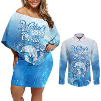 Mother's Love Is Deeper Than Ocean Couples Matching Off Shoulder Short Dress and Long Sleeve Button Shirt Polynesian Style LT05 Blue - Polynesian Pride