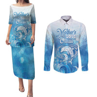 Mother's Love Is Deeper Than Ocean Couples Matching Puletasi and Long Sleeve Button Shirt Polynesian Style LT05 Blue - Polynesian Pride