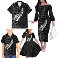 Personalised New Zealand Chur Bro Family Matching Off The Shoulder Long Sleeve Dress and Hawaiian Shirt Maori Koru With Silver Fern