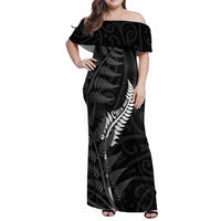 Personalised New Zealand Chur Bro Family Matching Off Shoulder Maxi Dress and Hawaiian Shirt Maori Koru With Silver Fern