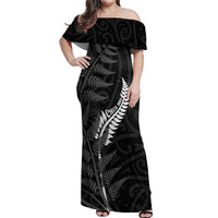 Personalised New Zealand Chur Bro Off Shoulder Maxi Dress Maori Koru With Silver Fern LT05 Women Black - Polynesian Pride