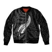 Personalised New Zealand Chur Bro Sleeve Zip Bomber Jacket Maori Koru With Silver Fern LT05 Unisex Black - Polynesian Pride