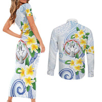 Northern Mariana Islands Chamorro Couples Matching Short Sleeve Bodycon Dress and Long Sleeve Button Shirt Plumeria Curves Style White Version