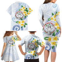 Northern Mariana Islands Chamorro Family Matching Long Sleeve Bodycon Dress and Hawaiian Shirt Plumeria Curves Style White Version