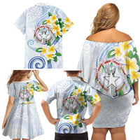 Northern Mariana Islands Chamorro Family Matching Off Shoulder Short Dress and Hawaiian Shirt Plumeria Curves Style White Version
