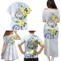 Northern Mariana Islands Chamorro Family Matching Puletasi and Hawaiian Shirt Plumeria Curves Style White Version
