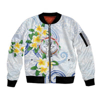Northern Mariana Islands Chamorro Sleeve Zip Bomber Jacket Plumeria Curves Style White Version LT05 Unisex White - Polynesian Pride