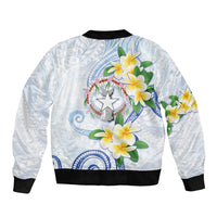 Northern Mariana Islands Chamorro Sleeve Zip Bomber Jacket Plumeria Curves Style White Version LT05 - Polynesian Pride