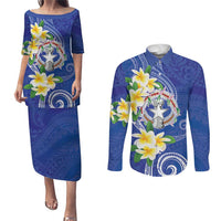 Northern Mariana Islands Chamorro Couples Matching Puletasi and Long Sleeve Button Shirt Plumeria Curves Style Navy Version LT05 Navy - Polynesian Pride