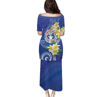Northern Mariana Islands Chamorro Family Matching Puletasi and Hawaiian Shirt Plumeria Curves Style Navy Version