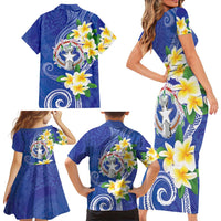 Northern Mariana Islands Chamorro Family Matching Short Sleeve Bodycon Dress and Hawaiian Shirt Plumeria Curves Style Navy Version