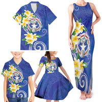 Northern Mariana Islands Chamorro Family Matching Tank Maxi Dress and Hawaiian Shirt Plumeria Curves Style Navy Version