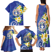 Northern Mariana Islands Chamorro Family Matching Tank Maxi Dress and Hawaiian Shirt Plumeria Curves Style Navy Version