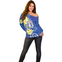 Northern Mariana Islands Chamorro Off Shoulder Sweater Plumeria Curves Style Navy Version LT05 - Polynesian Pride