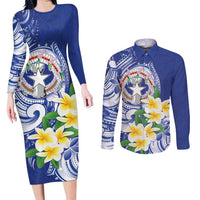 Northern Mariana Islands Couples Matching Long Sleeve Bodycon Dress and Long Sleeve Button Shirt Polynesian Pattern With Frangipani LT05 Navy - Polynesian Pride