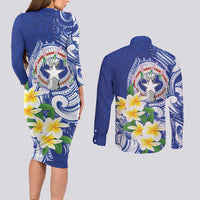 Northern Mariana Islands Couples Matching Long Sleeve Bodycon Dress and Long Sleeve Button Shirt Polynesian Pattern With Frangipani LT05 - Polynesian Pride
