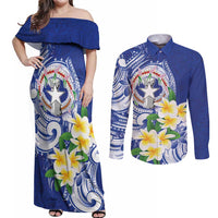 Northern Mariana Islands Couples Matching Off Shoulder Maxi Dress and Long Sleeve Button Shirt Polynesian Pattern With Frangipani LT05 Navy - Polynesian Pride
