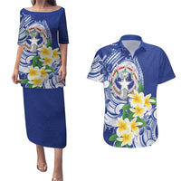 Northern Mariana Islands Couples Matching Puletasi and Hawaiian Shirt Polynesian Pattern With Frangipani LT05 Navy - Polynesian Pride