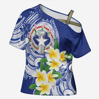 Northern Mariana Islands Cross Shoulder Shirt Polynesian Pattern With Frangipani LT05 Female Navy - Polynesian Pride