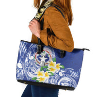 Northern Mariana Islands Leather Tote Bag Polynesian Pattern With Frangipani LT05 Navy - Polynesian Pride