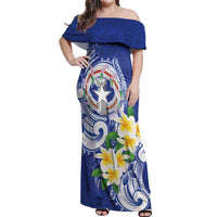 Northern Mariana Islands Off Shoulder Maxi Dress Polynesian Pattern With Frangipani LT05 Women Navy - Polynesian Pride