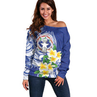 Northern Mariana Islands Off Shoulder Sweater Polynesian Pattern With Frangipani LT05 Women Navy - Polynesian Pride