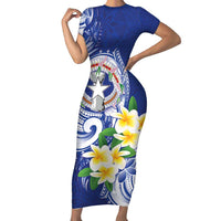 Northern Mariana Islands Short Sleeve Bodycon Dress Polynesian Pattern With Frangipani LT05 Long Dress Navy - Polynesian Pride