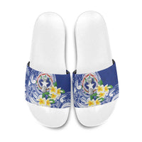 Northern Mariana Islands Slide Sandals Polynesian Pattern With Frangipani LT05 Navy - Polynesian Pride