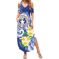 Northern Mariana Islands Summer Maxi Dress Polynesian Pattern With Frangipani LT05 Women Navy - Polynesian Pride